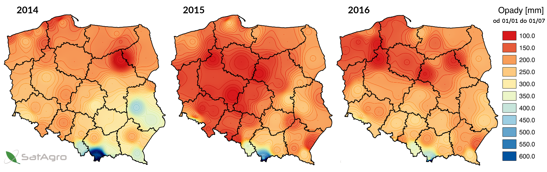 Skumulowane opady dla lat 2014-2016 pomiędzy 1 stycznia i 1 lipca
