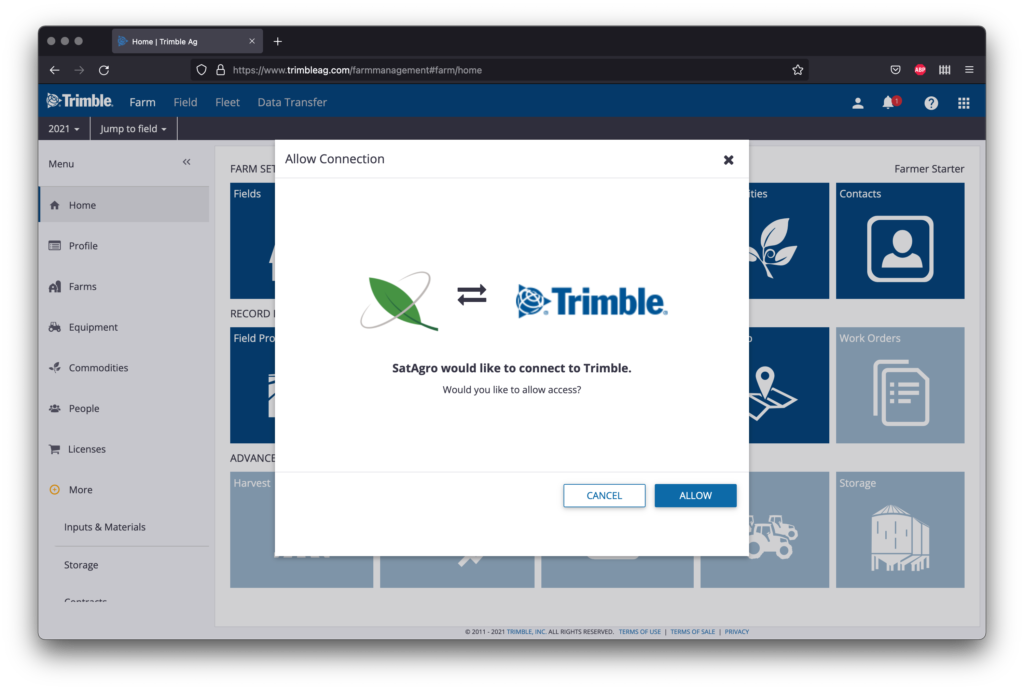 Screenshot with the authorization dialog of the connection between SatAgro and Trimble.