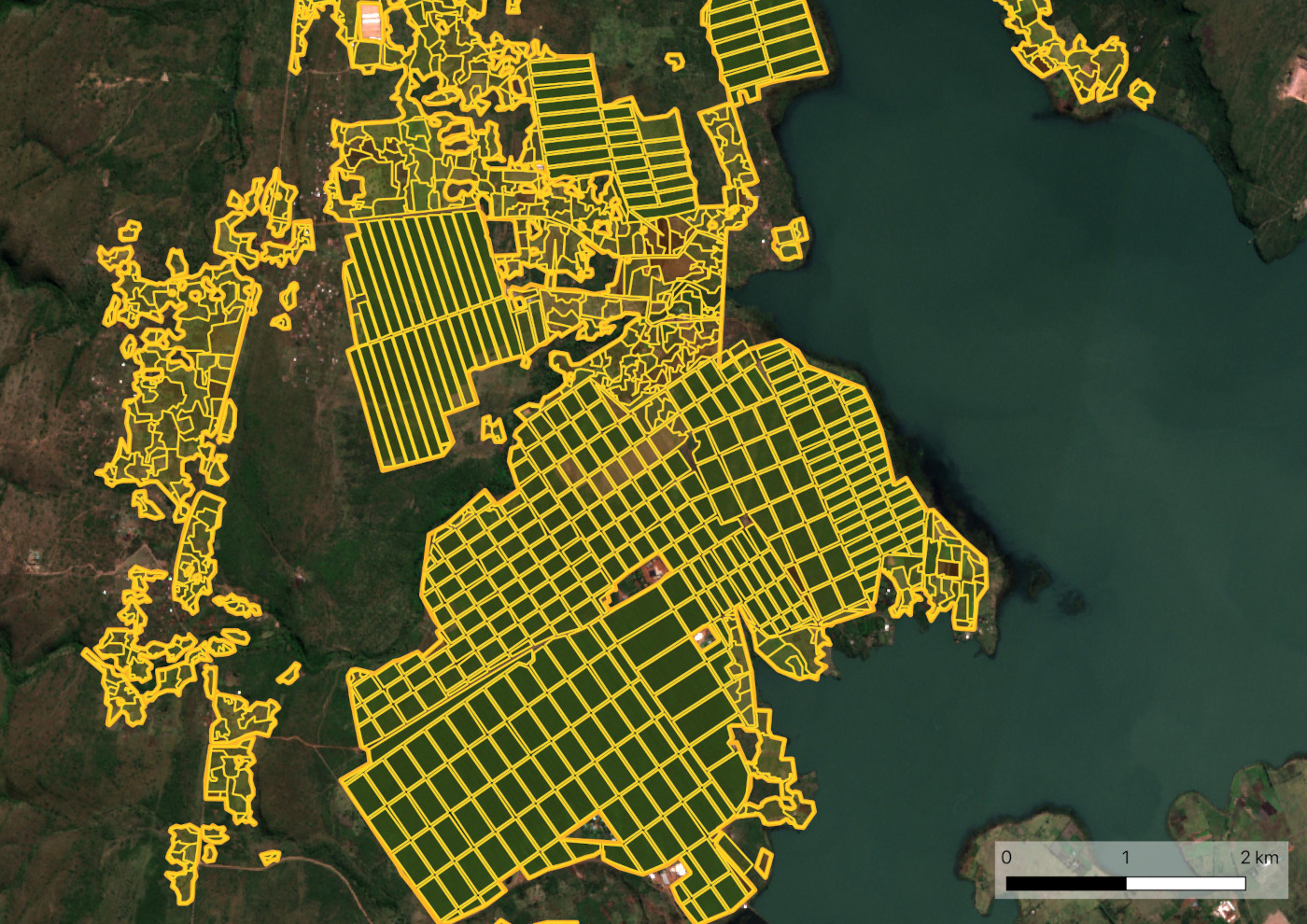 Map showing the results of the field boundary detection in the Namaacha region managed by the ARA Sul-IP.