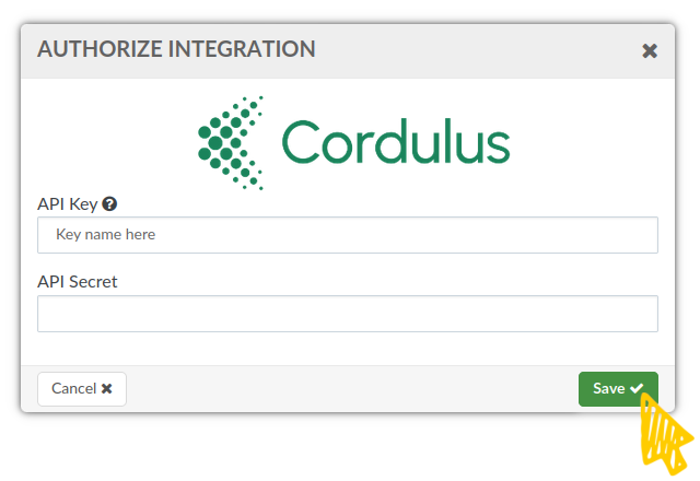 Cordulus API key authorisation panel.